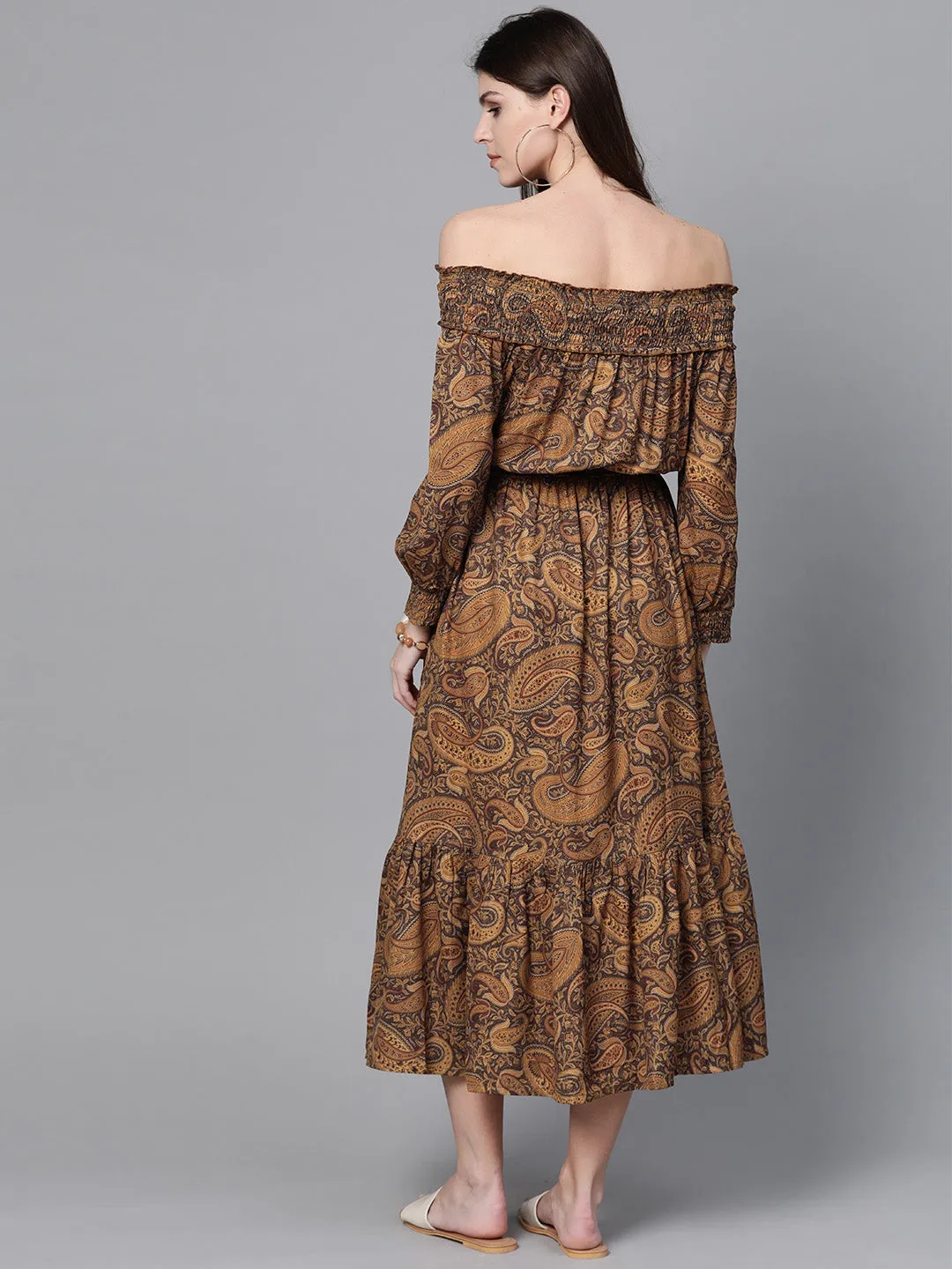 Brown Paisley Smocked Bardot Midi Dress