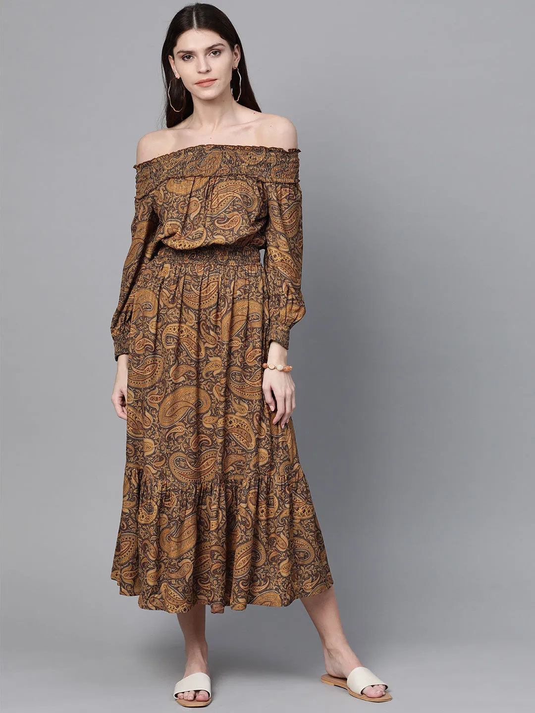 Brown Paisley Smocked Bardot Midi Dress