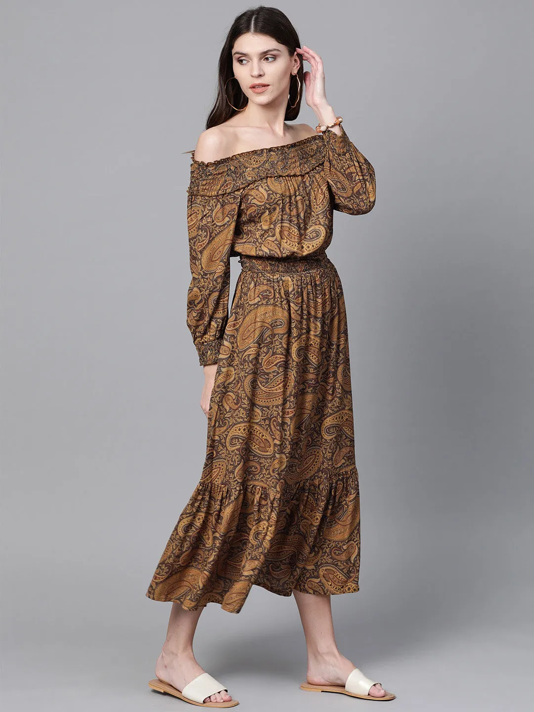 Brown Paisley Smocked Bardot Midi Dress