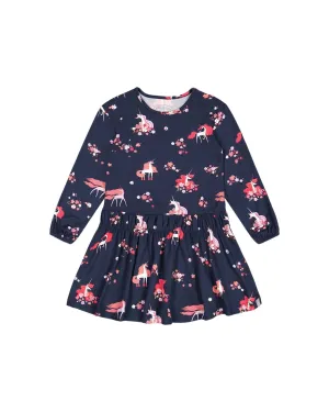 Brushed Jersey Long Sleeve Dress Navy Flowery Unicorn Print