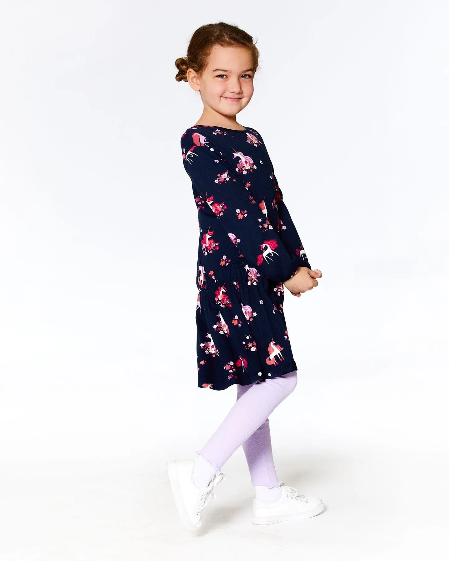 Brushed Jersey Long Sleeve Dress Navy Flowery Unicorn Print