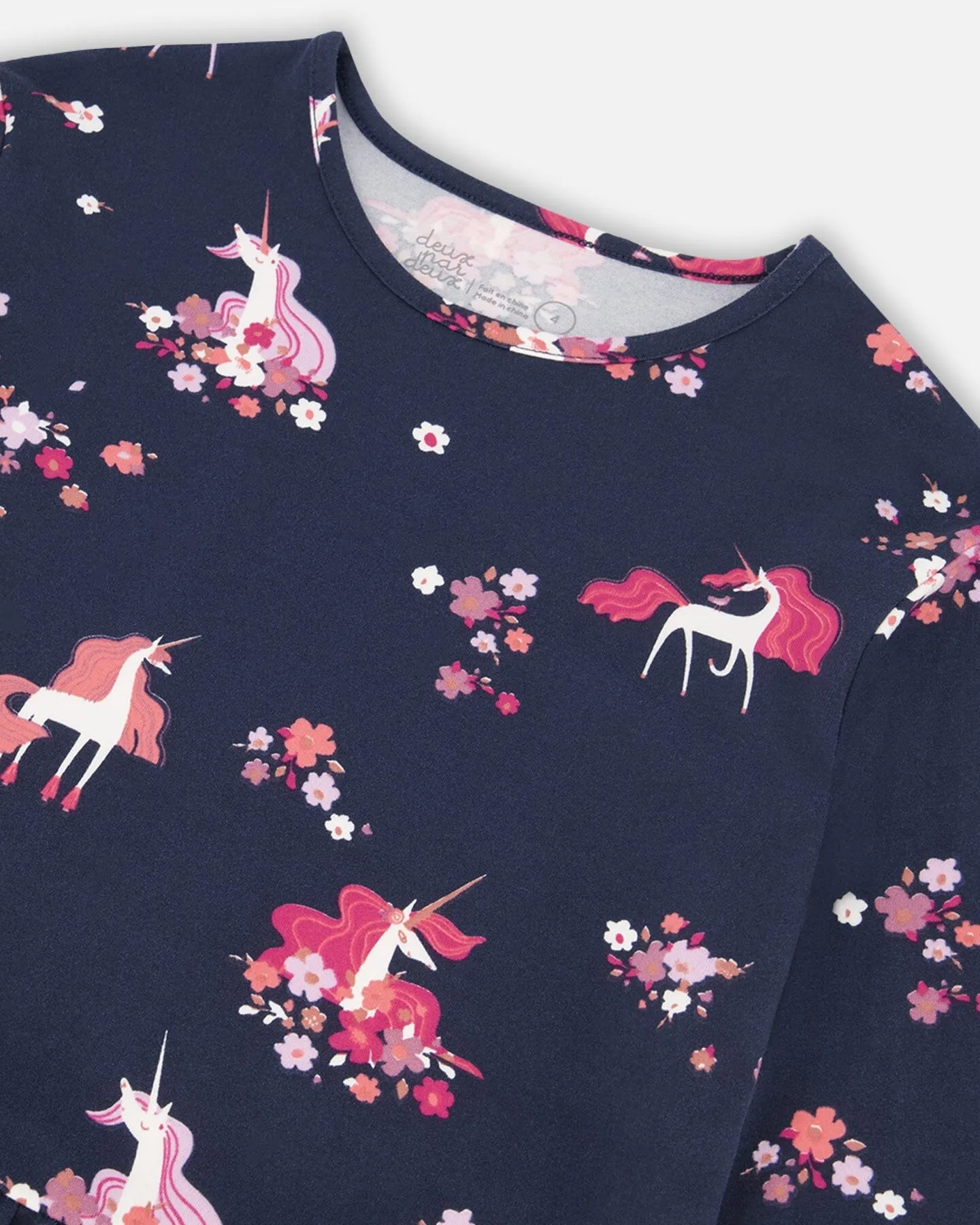 Brushed Jersey Long Sleeve Dress Navy Flowery Unicorn Print