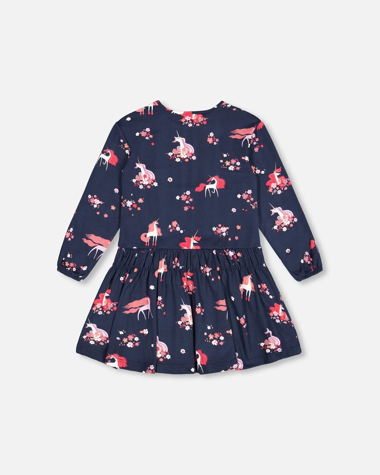 Brushed Jersey Long Sleeve Dress Navy Flowery Unicorn Print