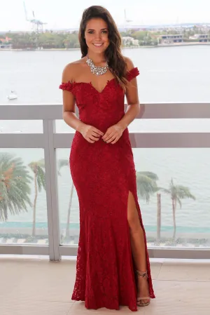 Burgundy Lace Off Shoulder Maxi Dress