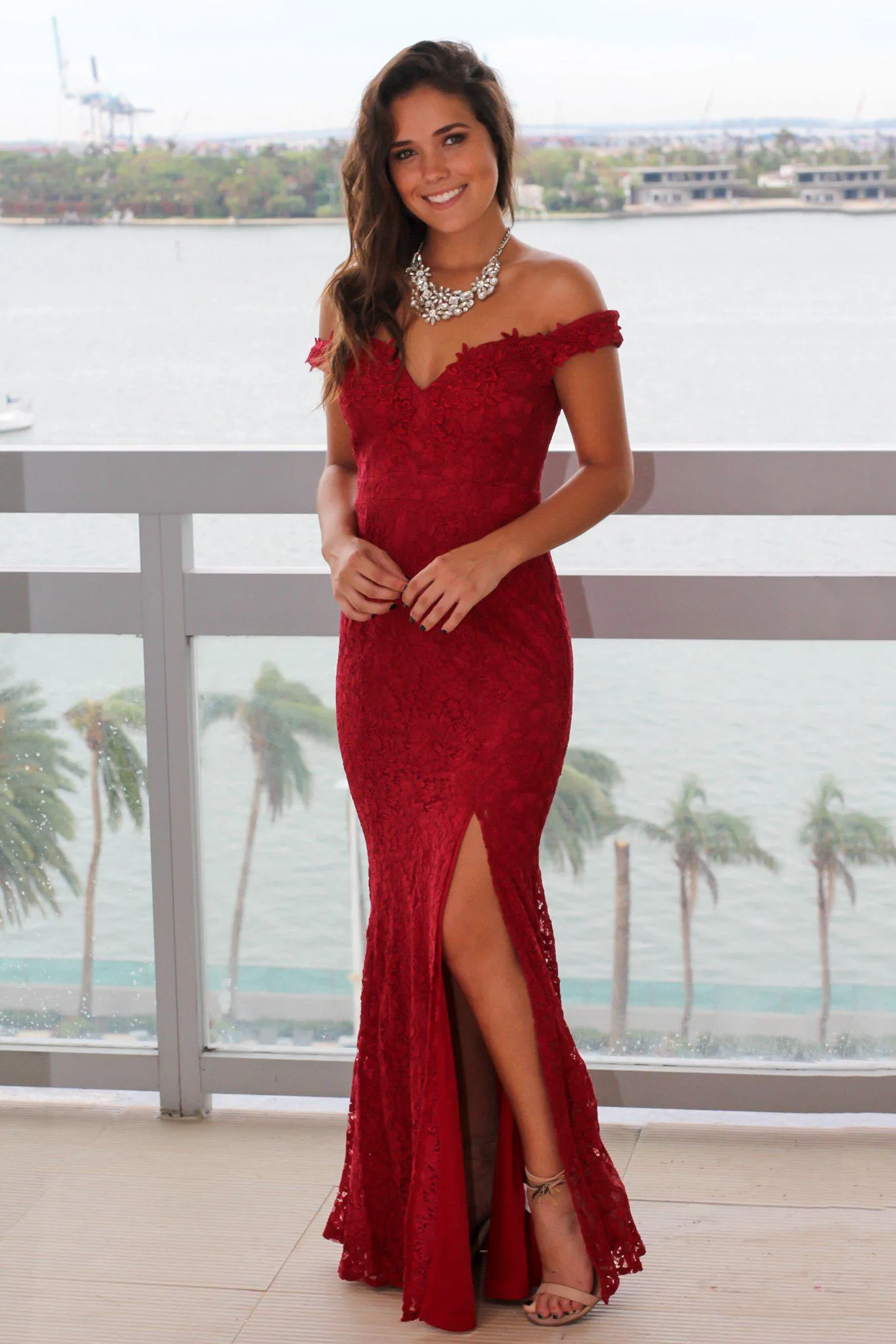 Burgundy Lace Off Shoulder Maxi Dress