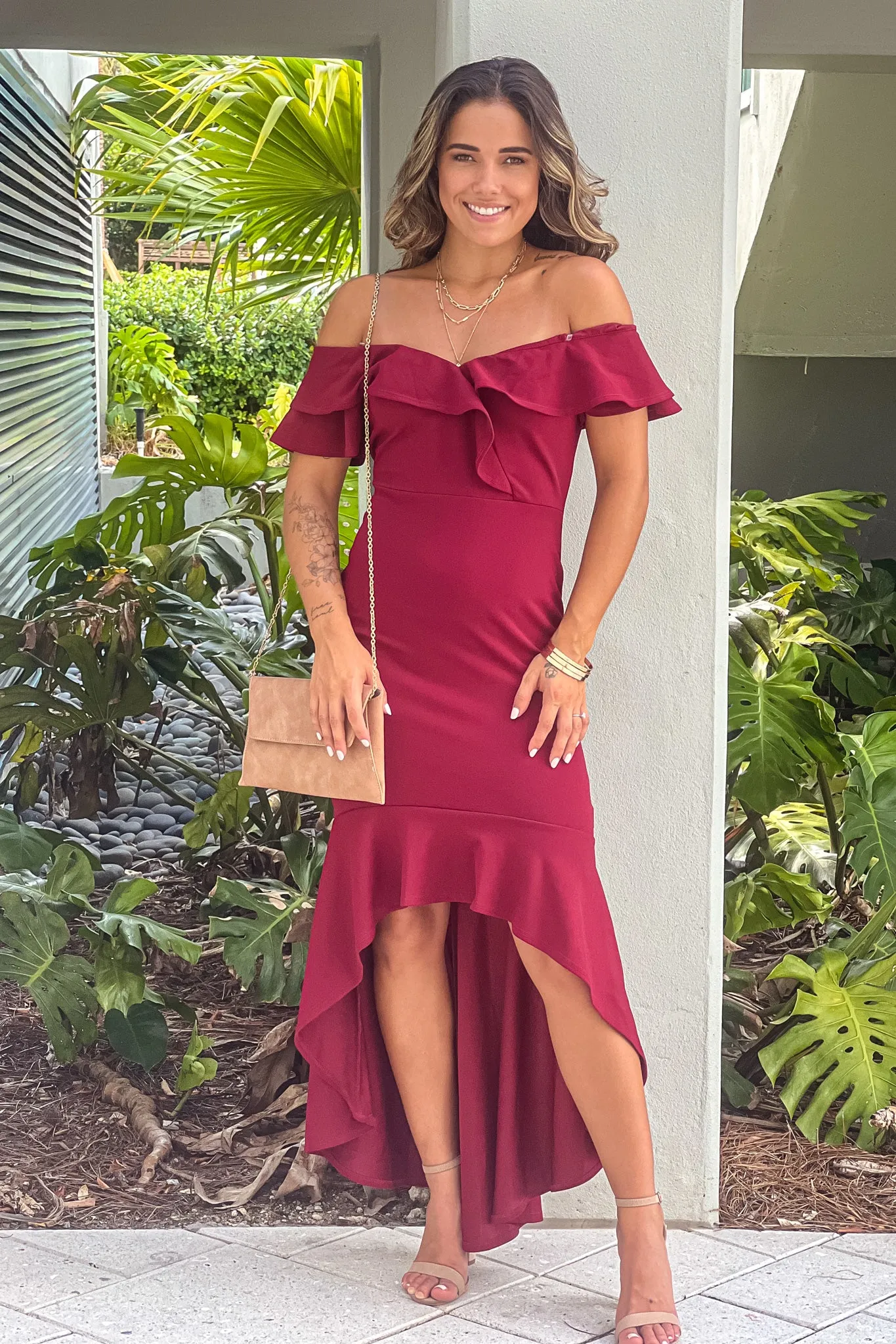 Burgundy Off Shoulder Ruffled High Low Dress