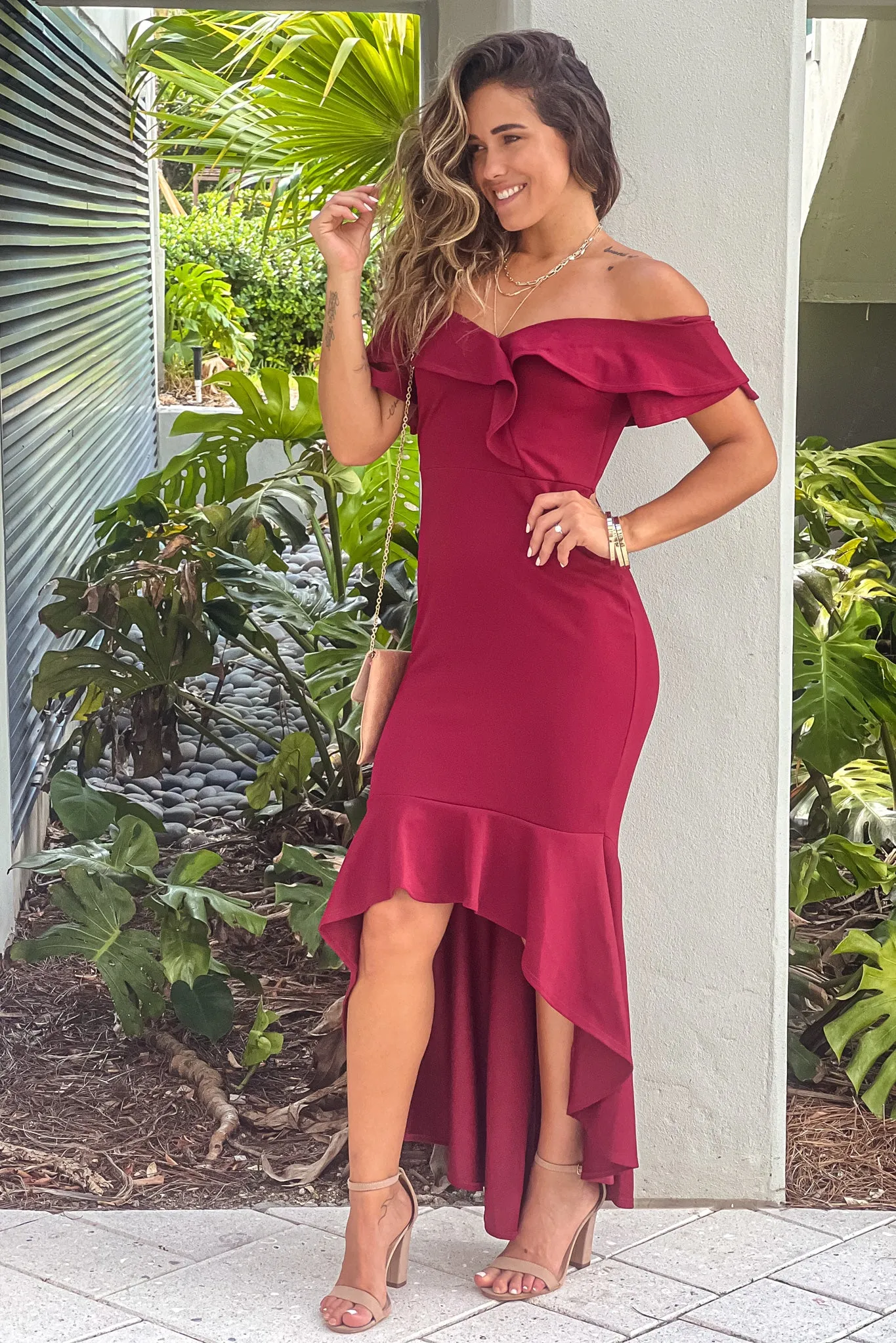 Burgundy Off Shoulder Ruffled High Low Dress