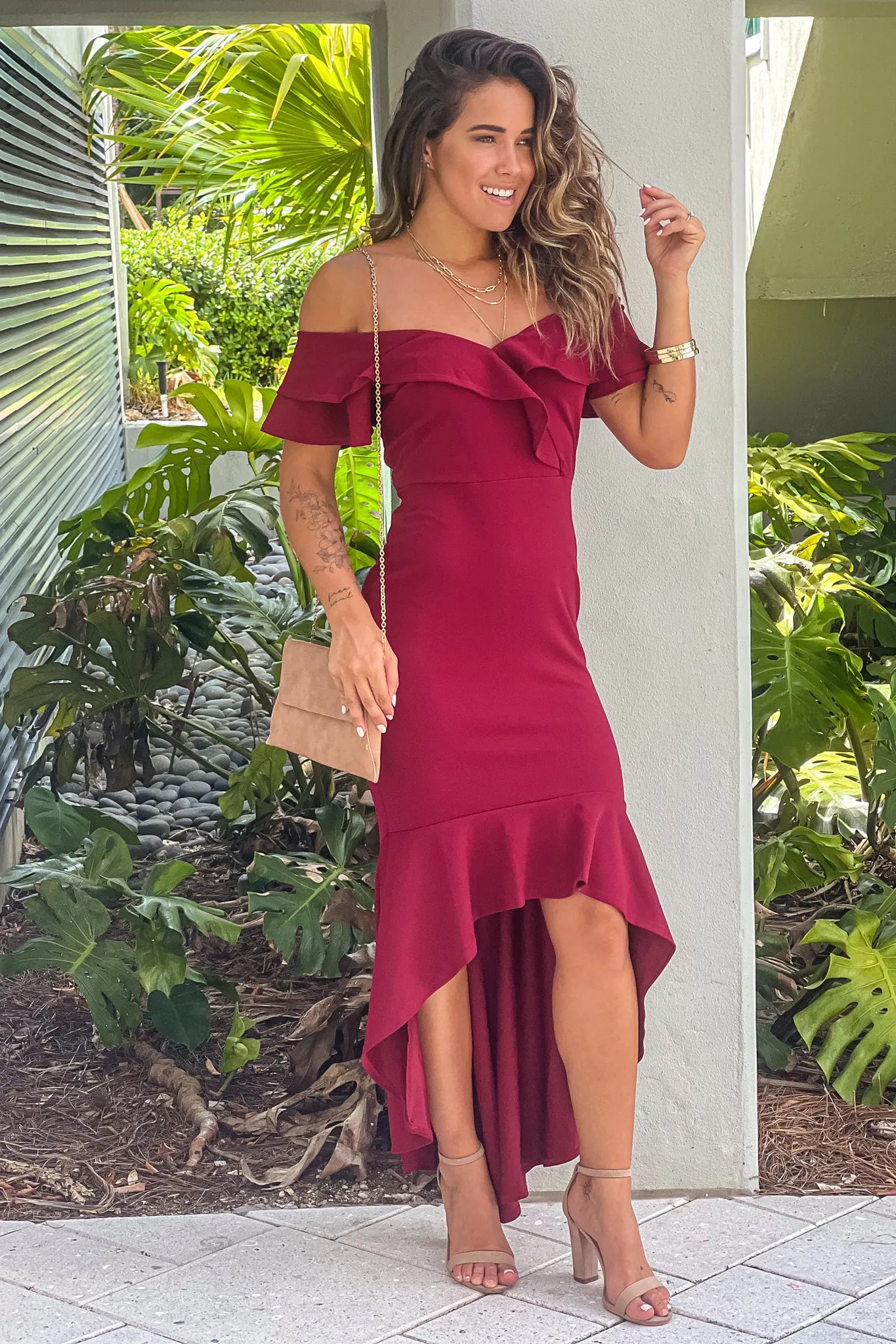 Burgundy Off Shoulder Ruffled High Low Dress