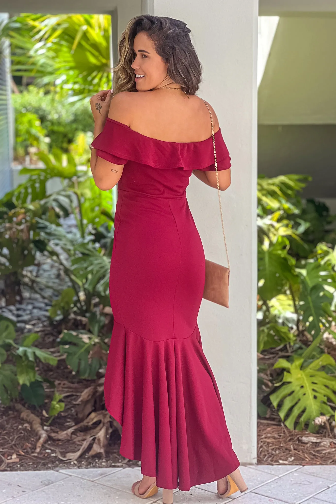 Burgundy Off Shoulder Ruffled High Low Dress