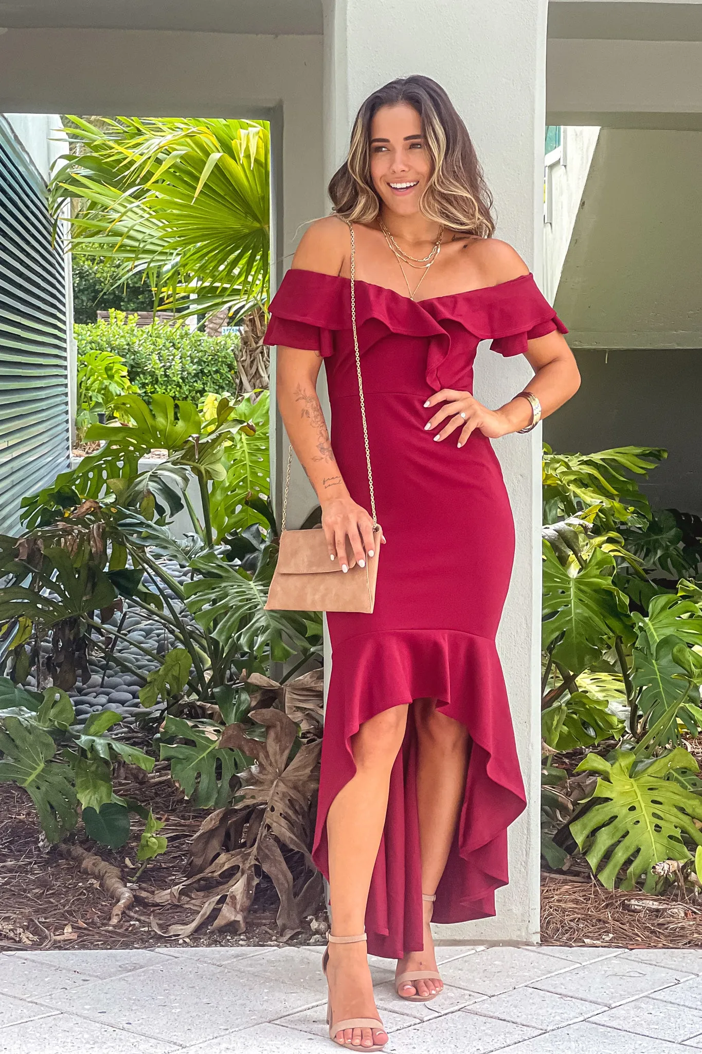 Burgundy Off Shoulder Ruffled High Low Dress