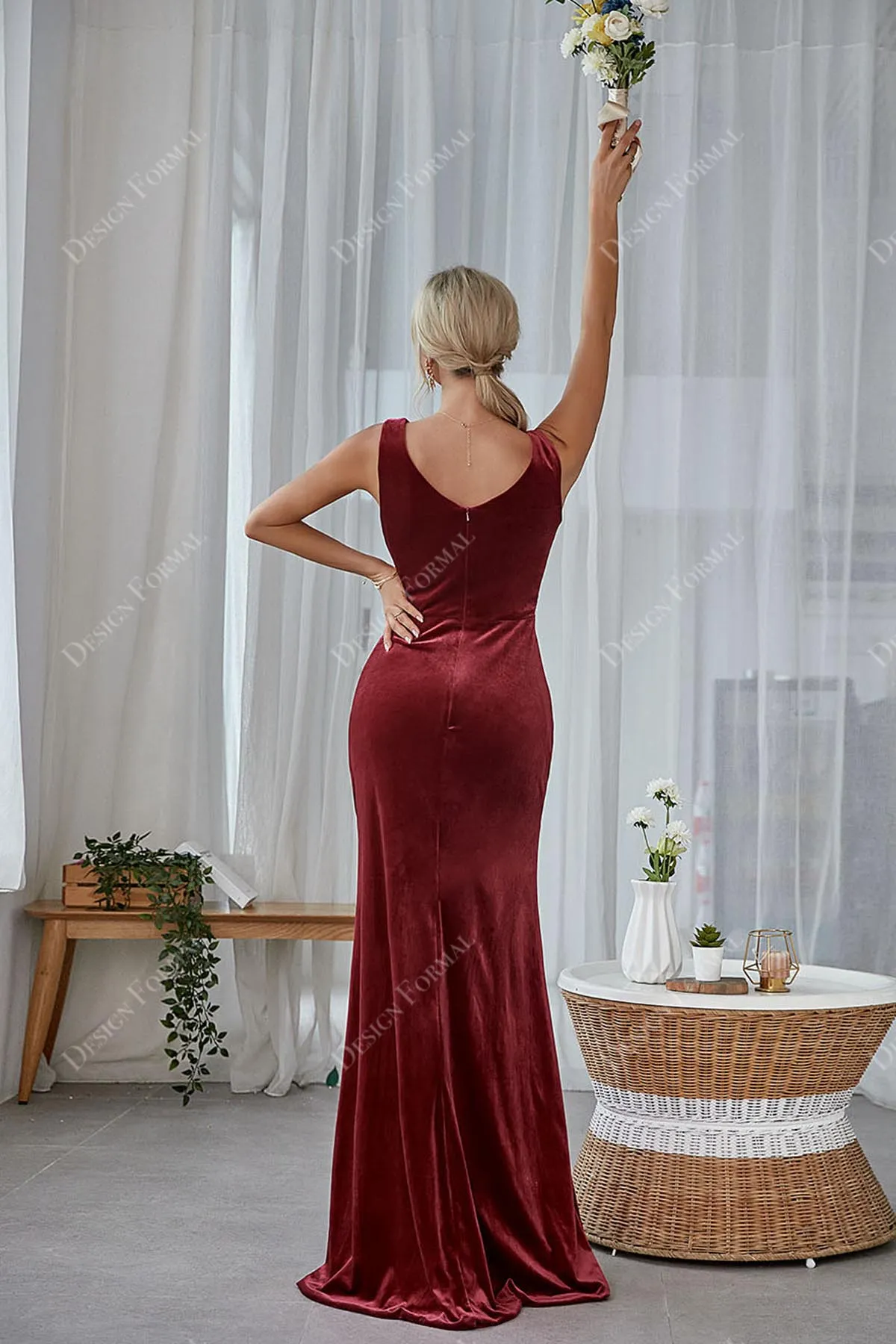 Burgundy V-neck Velvet Custom Floor Length Formal Gown