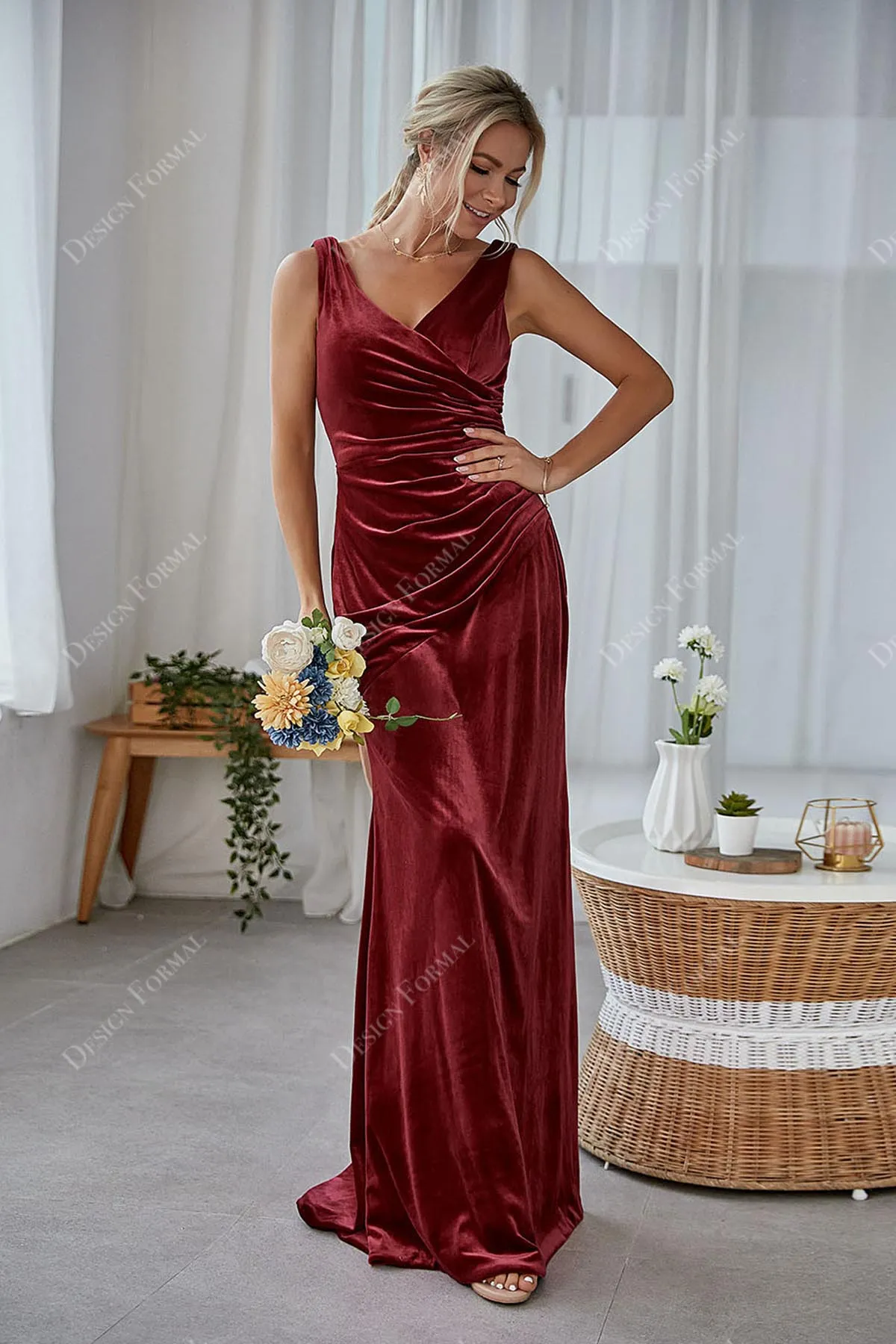 Burgundy V-neck Velvet Custom Floor Length Formal Gown