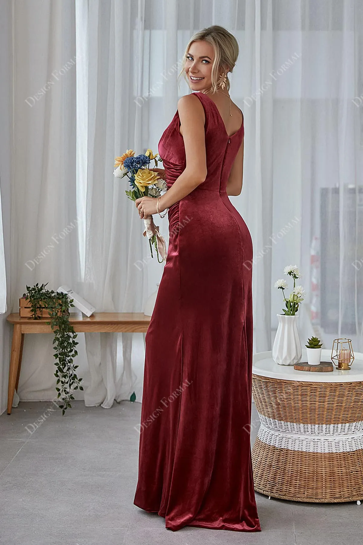 Burgundy V-neck Velvet Custom Floor Length Formal Gown