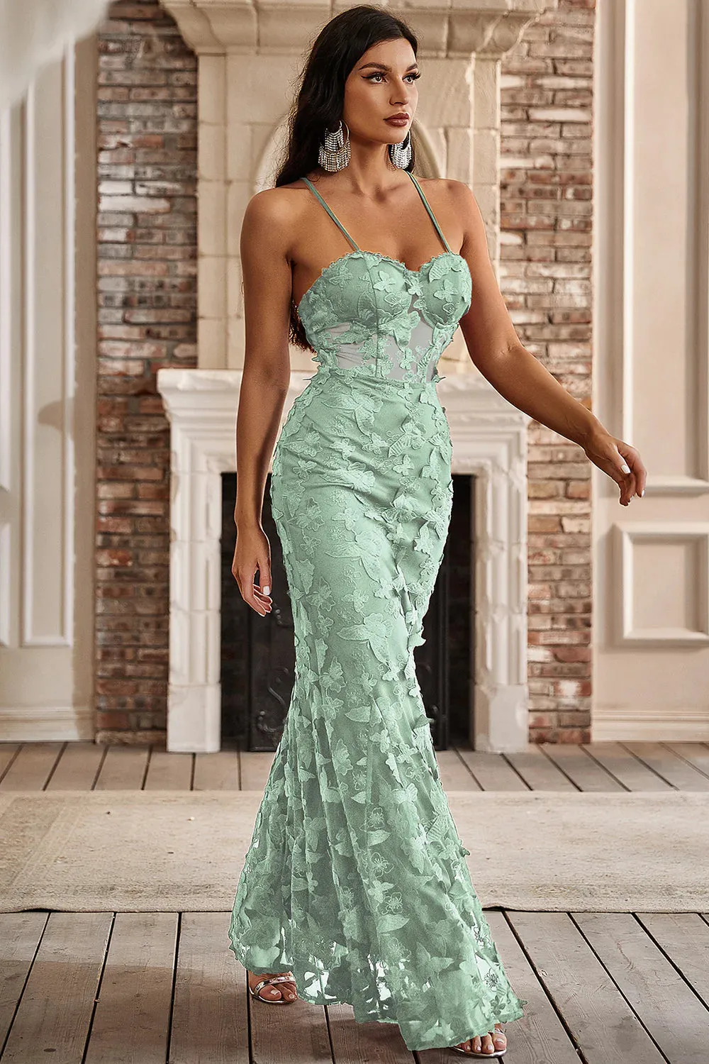 Butterfly Green Backless Maxi Cami Formal Dress