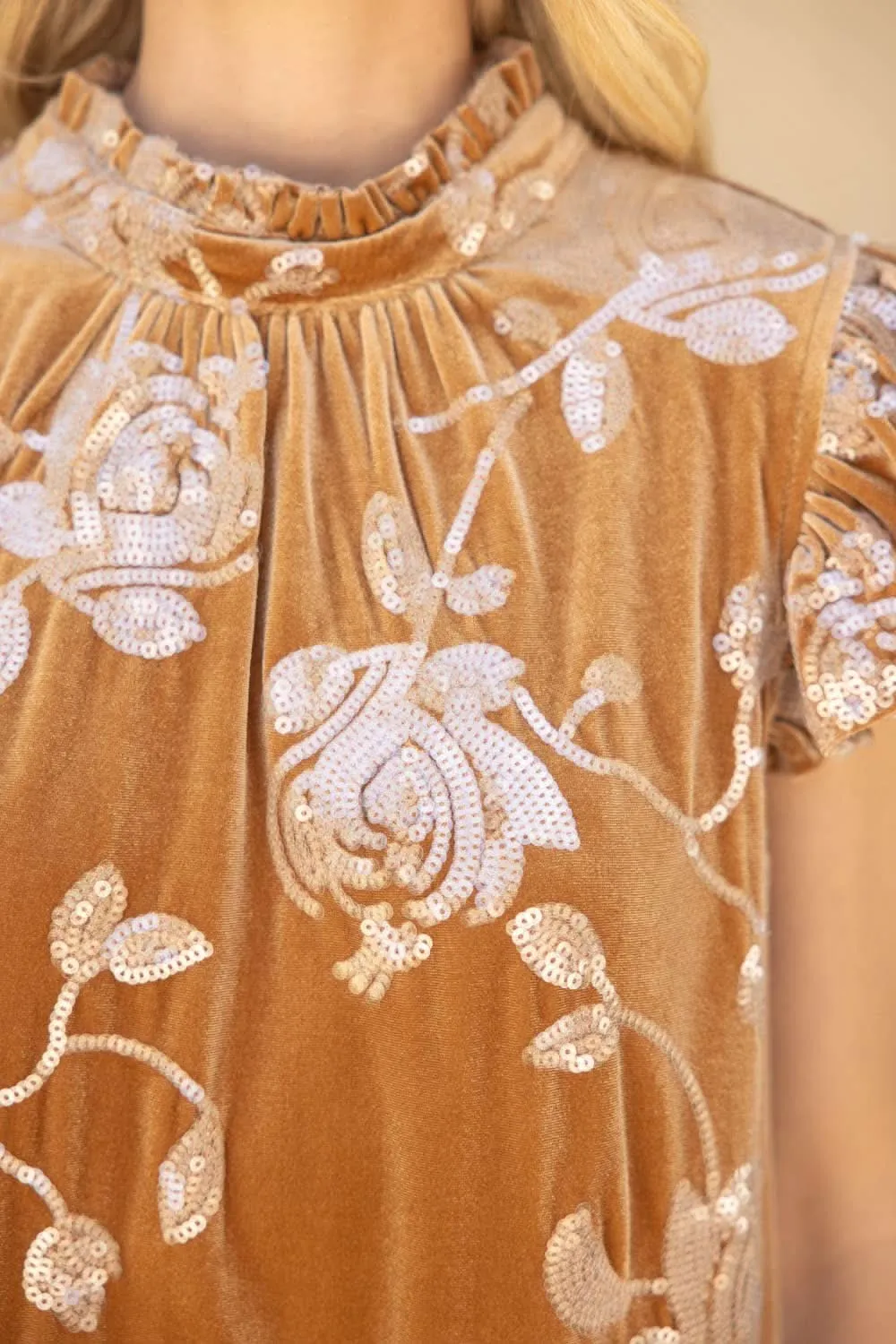 Camel Floral Sequence Embroidery Ribbon Tie Dress