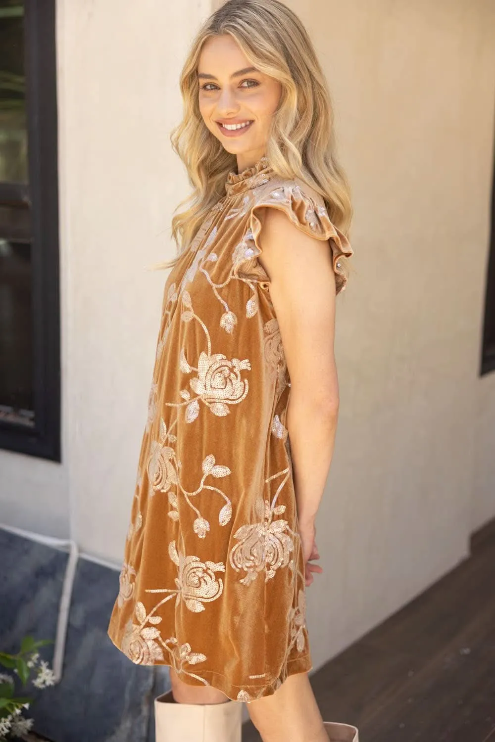 Camel Floral Sequence Embroidery Ribbon Tie Dress