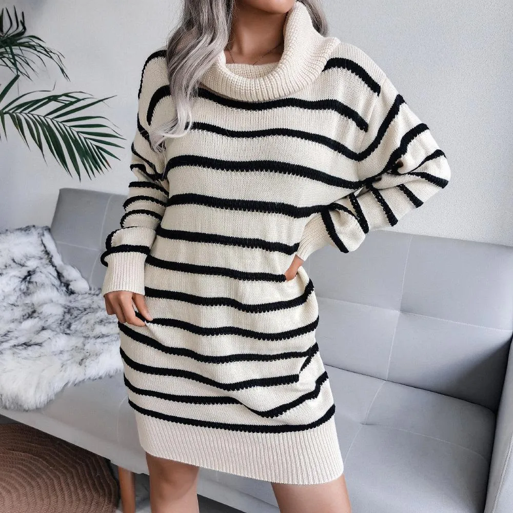 Casual high neck striped knitted sweater dress