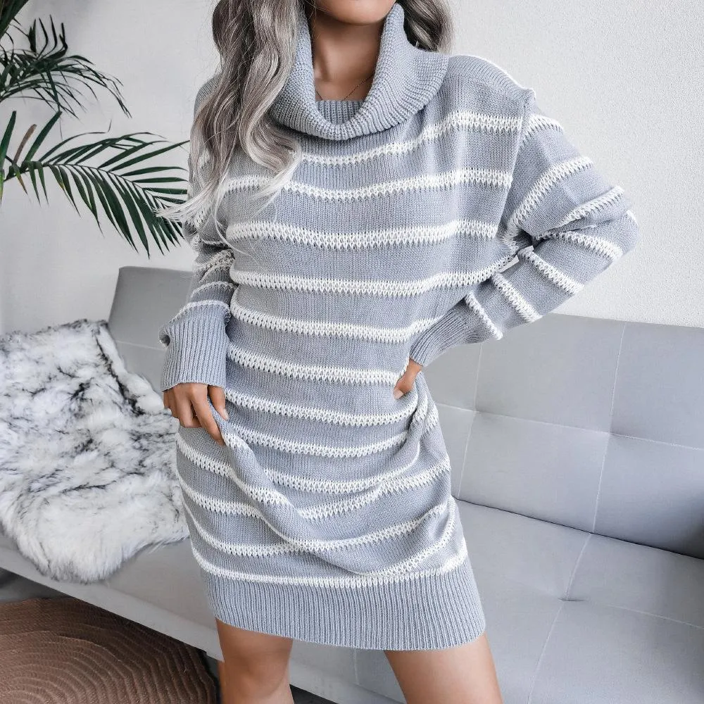 Casual high neck striped knitted sweater dress