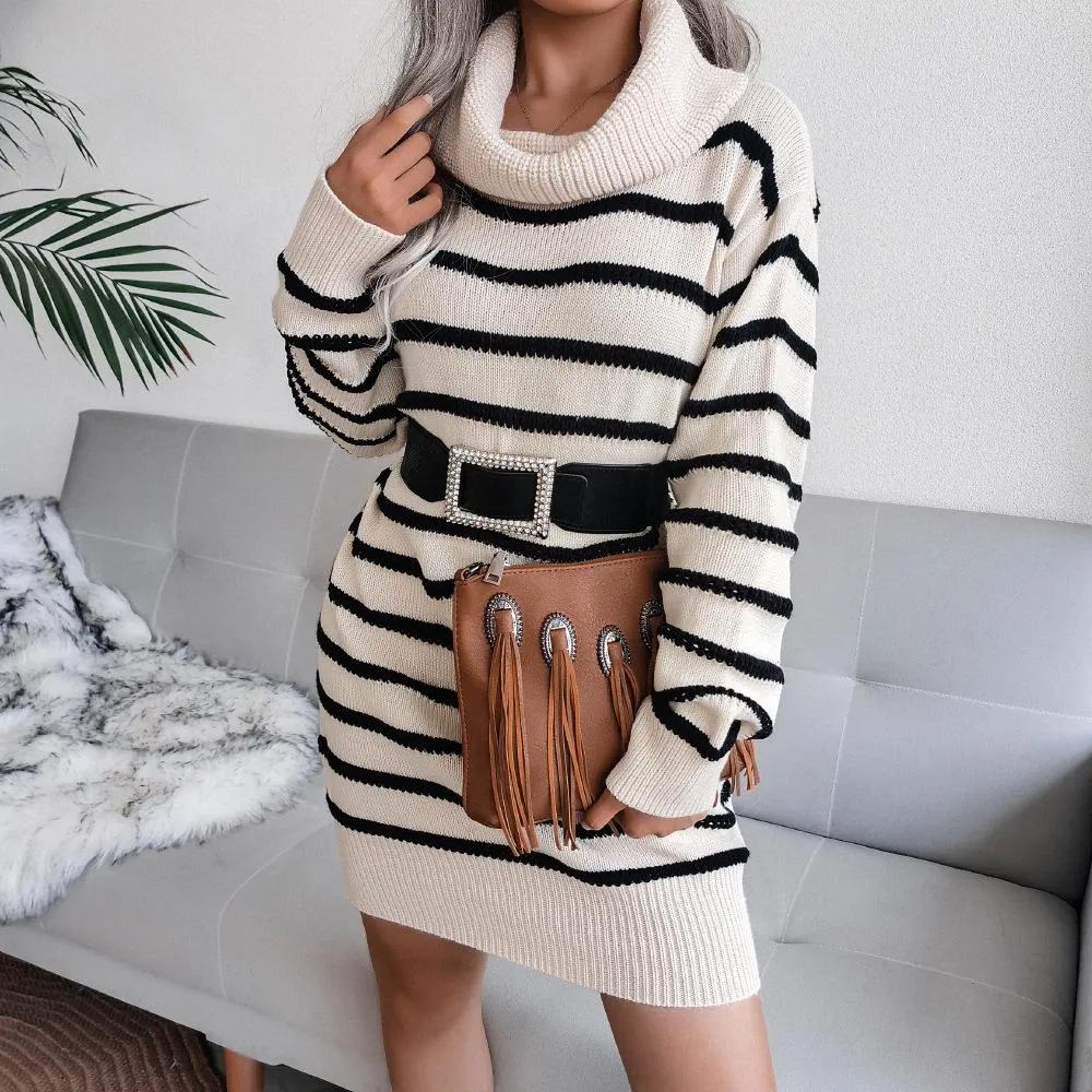 Casual high neck striped knitted sweater dress