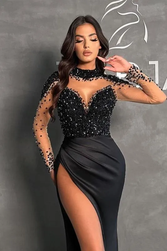 Chic Long Sleeves Black Mermaid Prom Dress Beadings High Neck Satin Evening Dress with Side Slit #SEK196