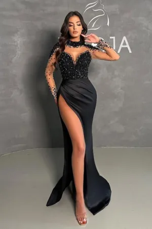 Chic Long Sleeves Black Mermaid Prom Dress Beadings High Neck Satin Evening Dress with Side Slit #SEK196