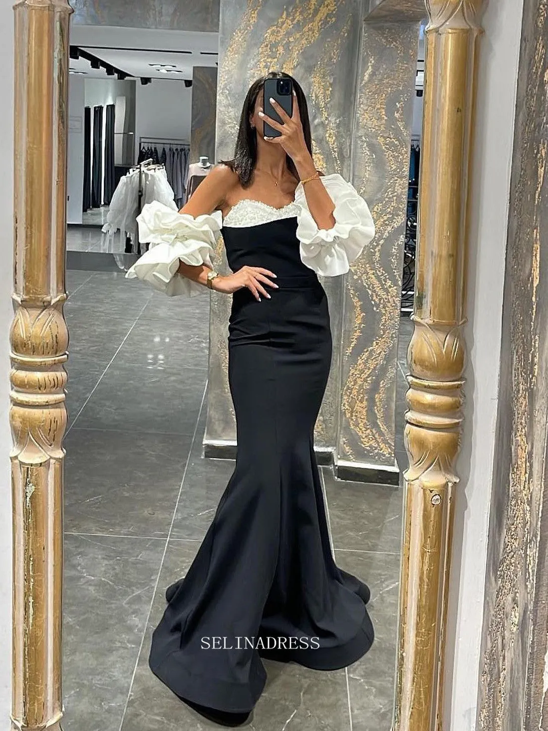 Chic Mermaid Sweetheart Black Beaded Long Prom Dress Elegant Party Dress #lop240