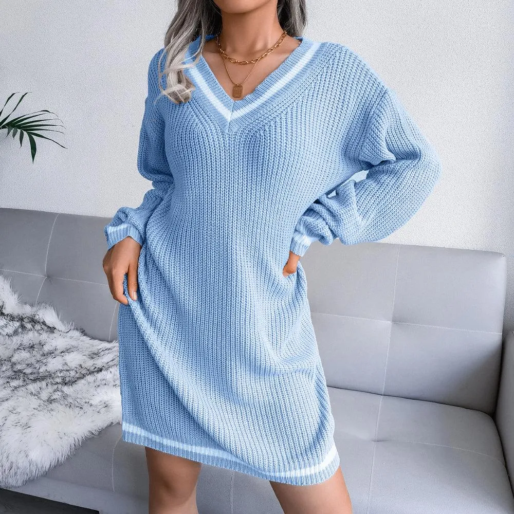 College style V-neck sweater dress knitted dress