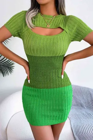 Color Block Cutout Short Sleeve Sweater Dress