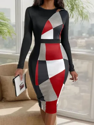 Color Block Round Neck Long Sleeve Dress