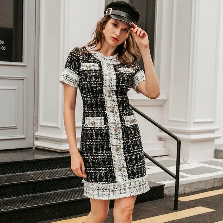 Commute O-neck Button Long Sleeve Plaid Stitching Tight Mini Dress