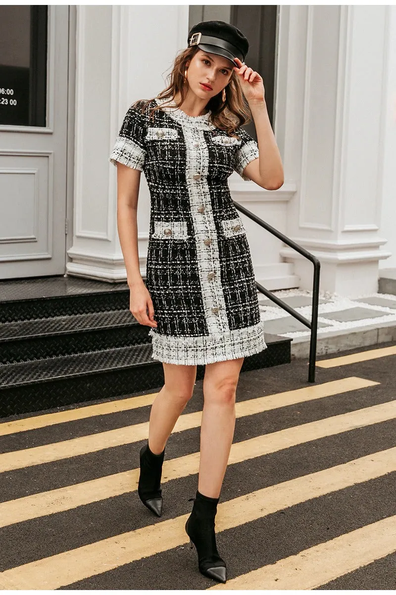 Commute O-neck Button Long Sleeve Plaid Stitching Tight Mini Dress