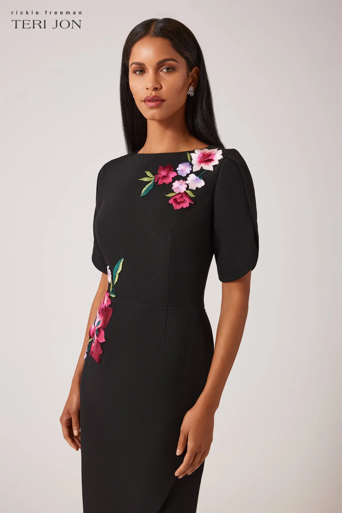 Crepe Embroidered Flower Stretch Dress