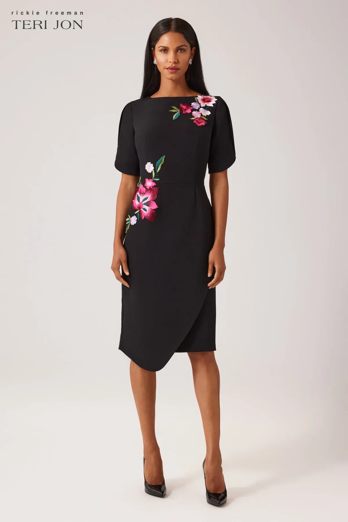 Crepe Embroidered Flower Stretch Dress