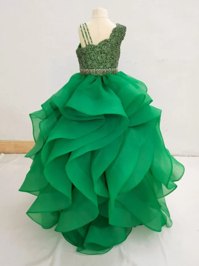 Custom Made Green Beaded Bodice Children Glitz Pageant Dress