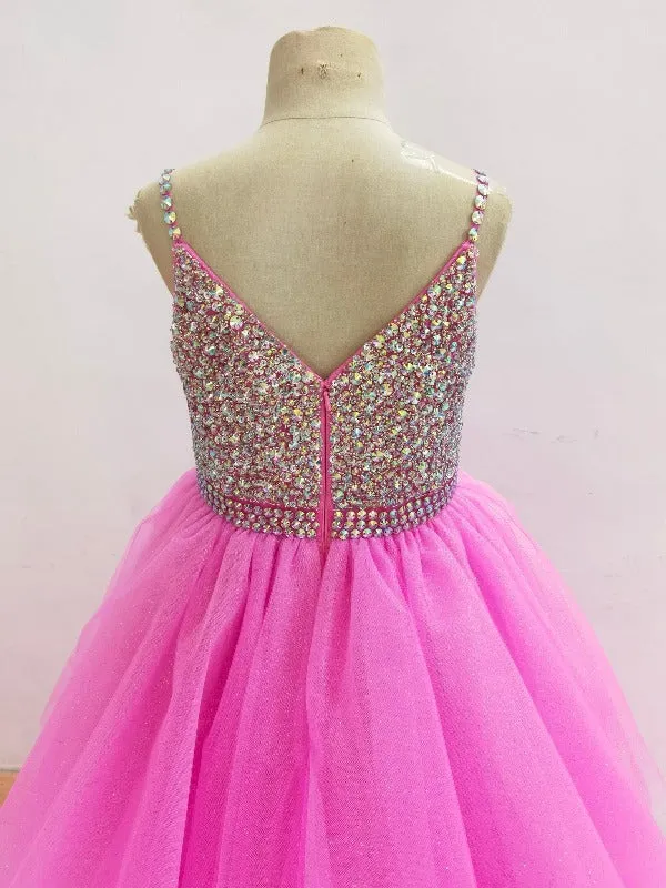 Custom Made Multi-layer Hi-low Pink Tulle Glitz Prom Dress