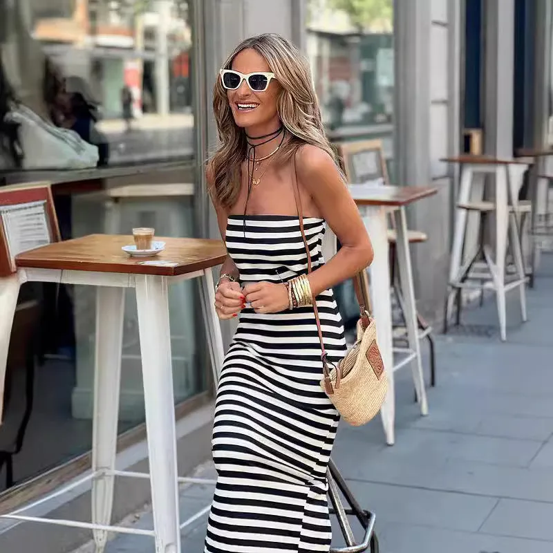 DEANWANGKT European and American Internet Hot Striped Dress  Summer  Ins New Striped Wrapped Chest Split Sheath Dress