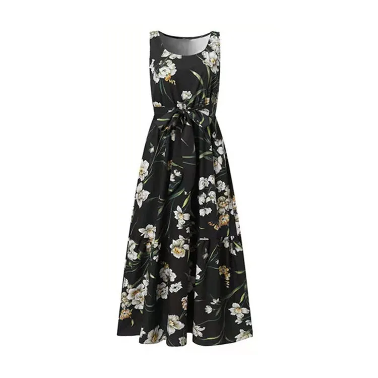 DEANWANGKT Women's Clothing in Stock Cross-Border European and American  Waist Large Swing Dress Flower Print Pleated Dress Women