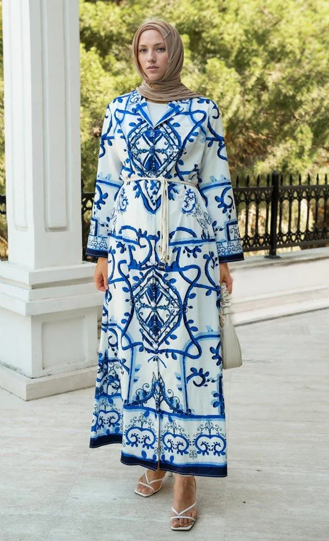 Dolce satin maxi cami dress in tile print with matching belt and kimono sleeves