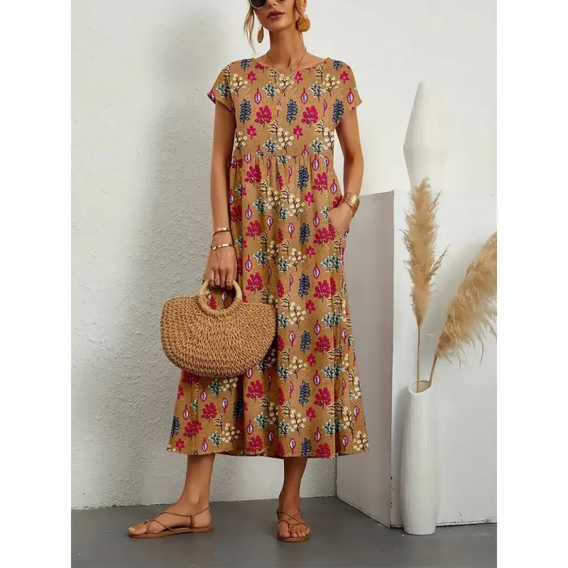 DUNNMALL  Cross-Border Foreign Trade European and American New Fashion Ladies Loose Cotton Linen Sleeveless round Neck Printed Summer Dress