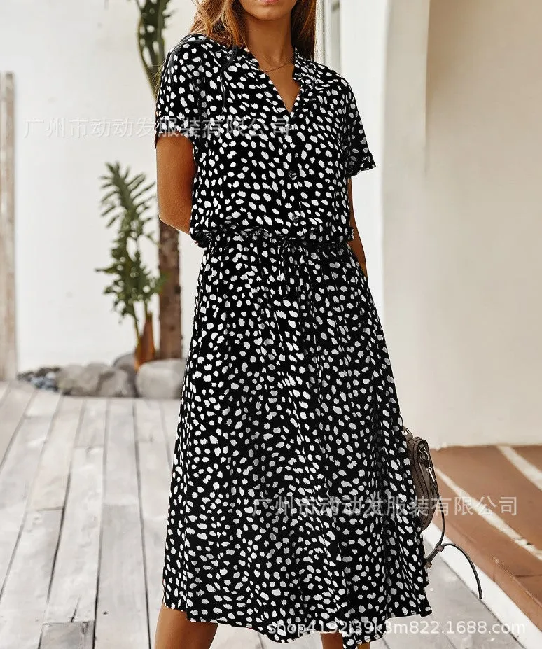 DUNNMALL  European and American Fashion Women's Wear  Hot Sale 2020 Summer Polka Dot Print Short Sleeve Mid-Length Dress