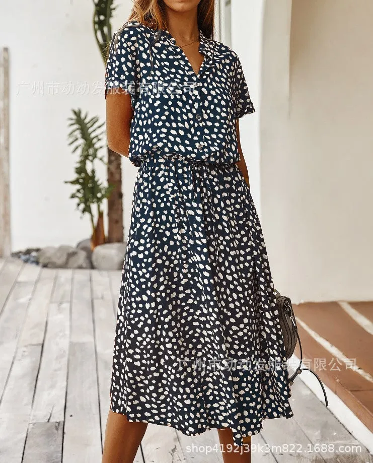 DUNNMALL  European and American Fashion Women's Wear  Hot Sale 2020 Summer Polka Dot Print Short Sleeve Mid-Length Dress