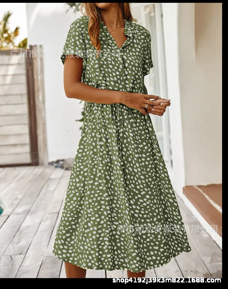 DUNNMALL  European and American Fashion Women's Wear  Hot Sale 2020 Summer Polka Dot Print Short Sleeve Mid-Length Dress