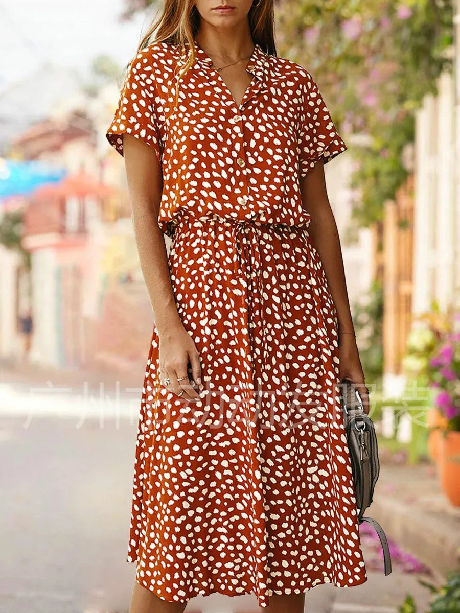 DUNNMALL  European and American Fashion Women's Wear  Hot Sale 2020 Summer Polka Dot Print Short Sleeve Mid-Length Dress