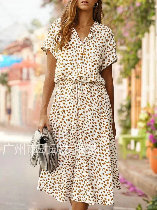 DUNNMALL  European and American Fashion Women's Wear  Hot Sale 2020 Summer Polka Dot Print Short Sleeve Mid-Length Dress