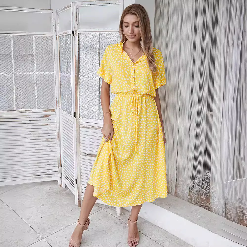 DUNNMALL  European and American Fashion Women's Wear  Hot Sale 2020 Summer Polka Dot Print Short Sleeve Mid-Length Dress