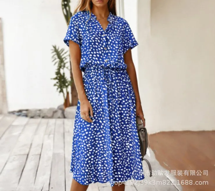 DUNNMALL  European and American Fashion Women's Wear  Hot Sale 2020 Summer Polka Dot Print Short Sleeve Mid-Length Dress