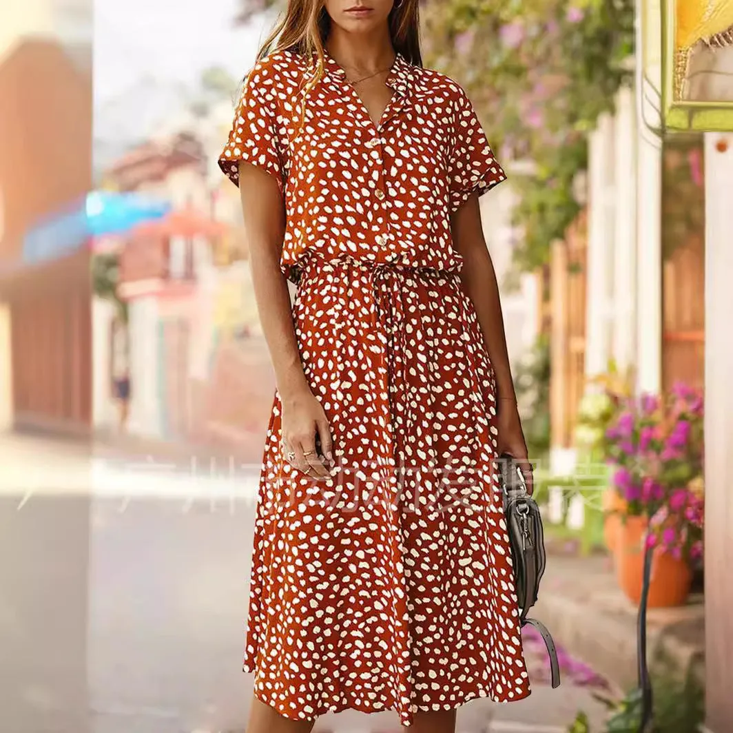 DUNNMALL  European and American Fashion Women's Wear  Hot Sale 2020 Summer Polka Dot Print Short Sleeve Mid-Length Dress