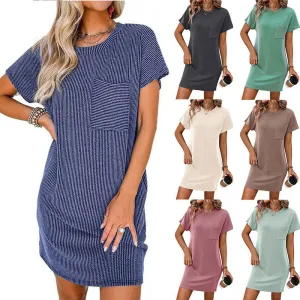 DUNNMALL  New Women's Wear Cross-Border European and American Summer Casual Contrast Color Twist Strip Short Sleeve Pocket Dress