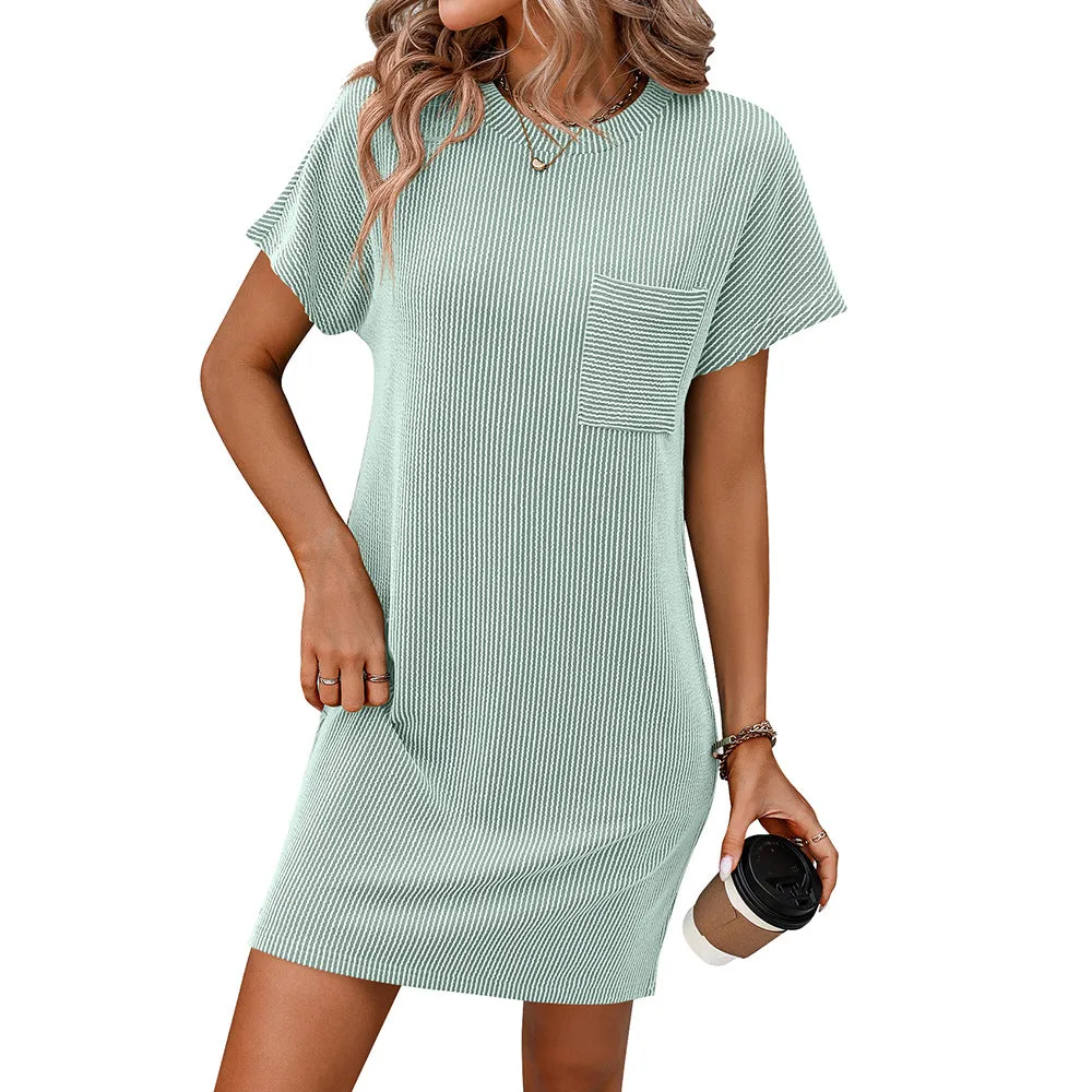 DUNNMALL  New Women's Wear Cross-Border European and American Summer Casual Contrast Color Twist Strip Short Sleeve Pocket Dress