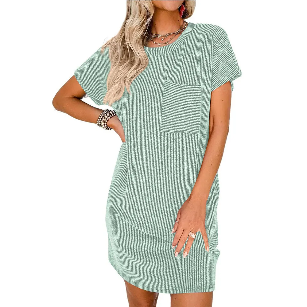 DUNNMALL  New Women's Wear Cross-Border European and American Summer Casual Contrast Color Twist Strip Short Sleeve Pocket Dress